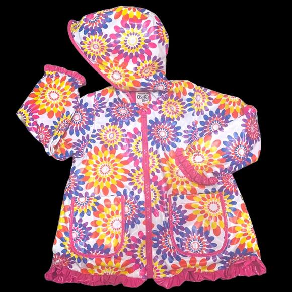 Osh Kosh B’gosh Size 5Girls RainCoat Mandala Flowers Pink ruffle trim w/ pockets - Picture 1 of 12
